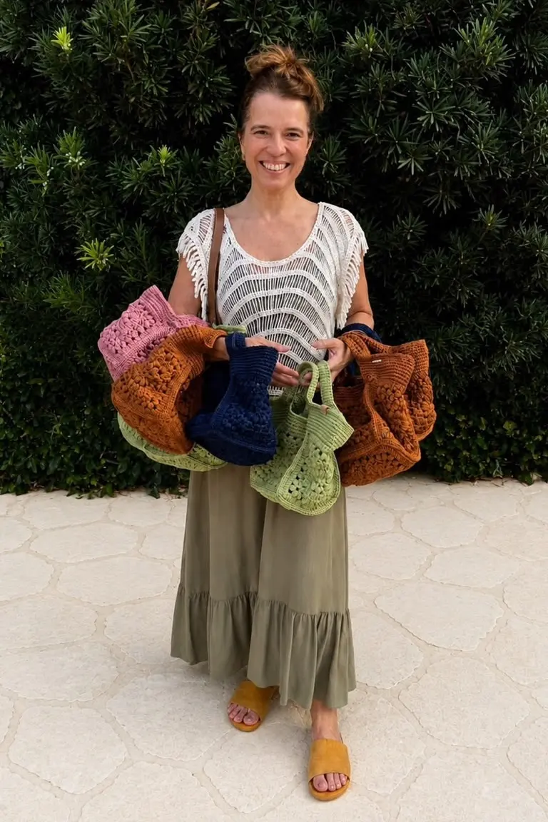 Carla com várias bolsas de crochê nos braços